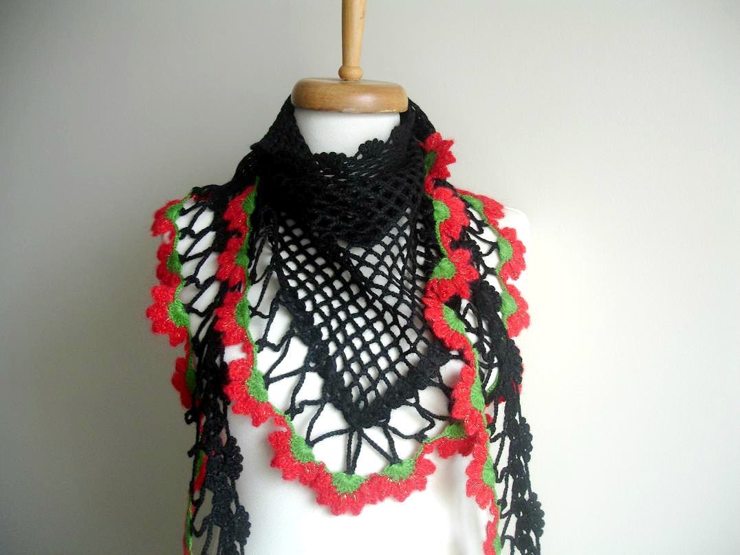 Triangle  Black Scarf By Crochetlab, Mini shawl red and black