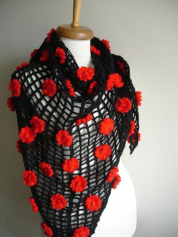 Black and Red Shawl,Fall Fashion,  New Season Triangle Shawl By Crochetlab, Mohair,