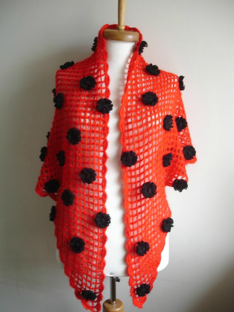 Red Shawl, With black Flowers,  New Season Triangle Shawl By Crochetlab