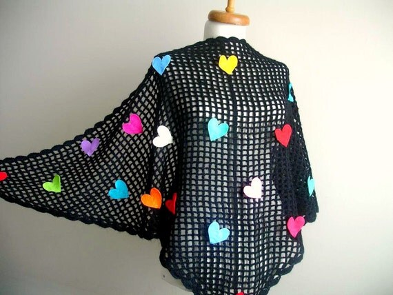 Love Wrap Shawl,  Felted Hearts on Black Shawl, OOAK Design,  Ready To Ship, Gift for Her