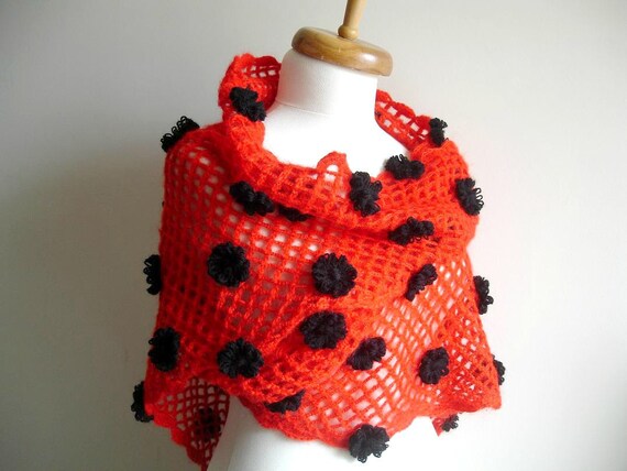 Red Shawl, With black Flowers,  New Season Triangle Shawl By Crochetlab