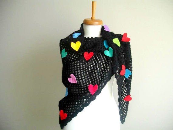 Love Wrap Shawl,  Felted Hearts on Black Shawl, OOAK Design,  Ready To Ship, Gift for Her