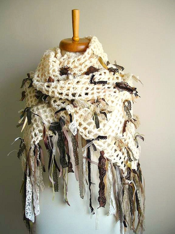 Shabby Chic Shawl By Crochetlab, Fall and Winter ,  Fall Fashion, ivory and brown shades ribbons