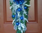Christmas Wreath, Winter Blue Silver Holiday Door Swag, Front Door Christmas Wreath, Christmas Swag