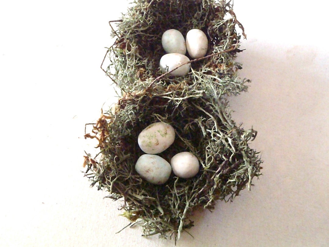 Green Woodland Birds Nests - 3" primitive nests w/ white eggs, set of TWO