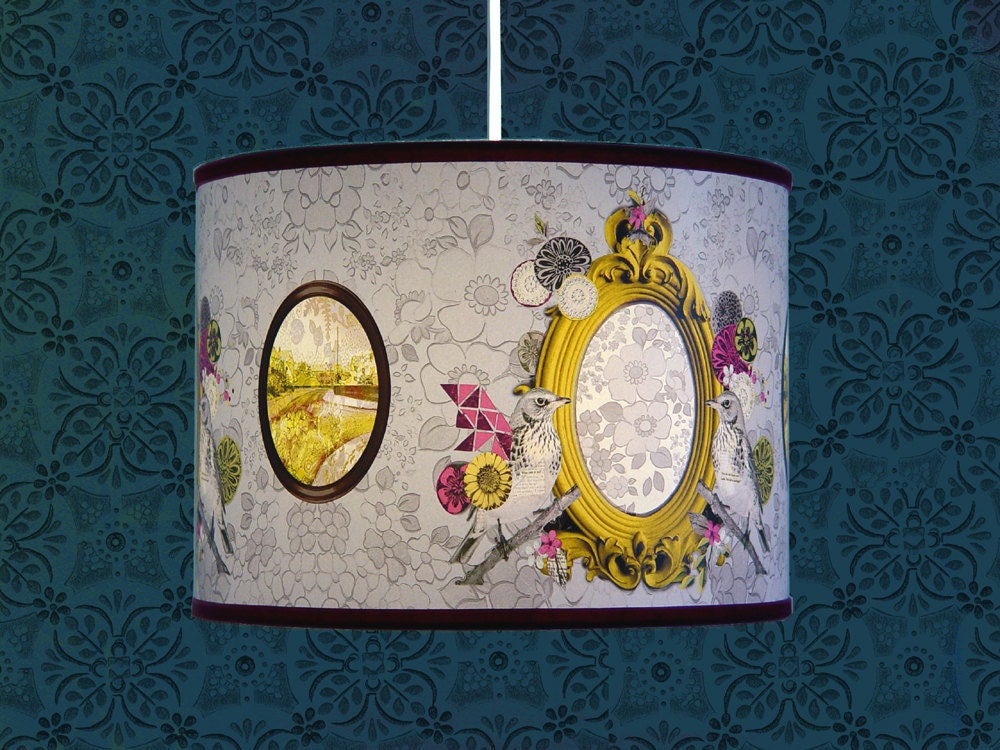 Two Little Mirror Birds. New Colourway - Yellow gold and Lavender grey. Lampshade for Pendant fitting. 30cm diameter.