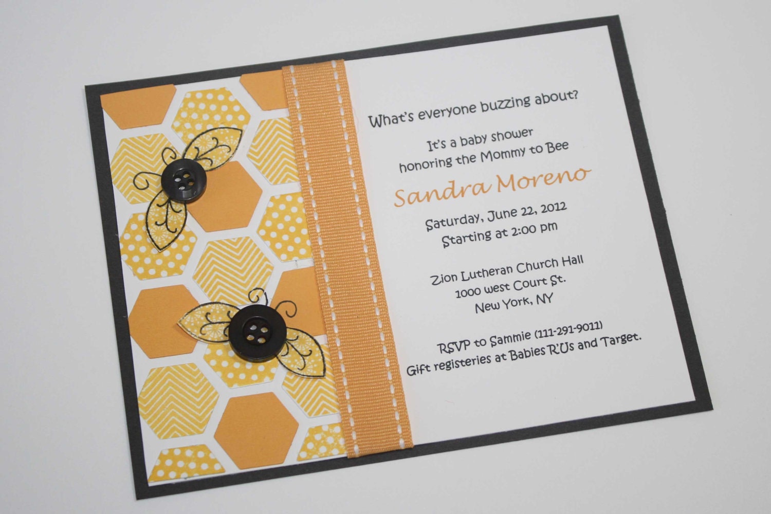 Bumblebee invitations - Baby shower or birthday, handmade with custom wording, set of 12
