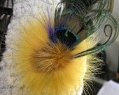 Spring Summer Brooch Yellow Fur Brooch pin mustard yellow Mink Fur Peacock Feather Corsage Mother's Day Cruise wear  Accessory