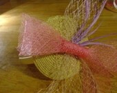 Bridal bridesmaid Pink bow headband with veil, straw base and feathers