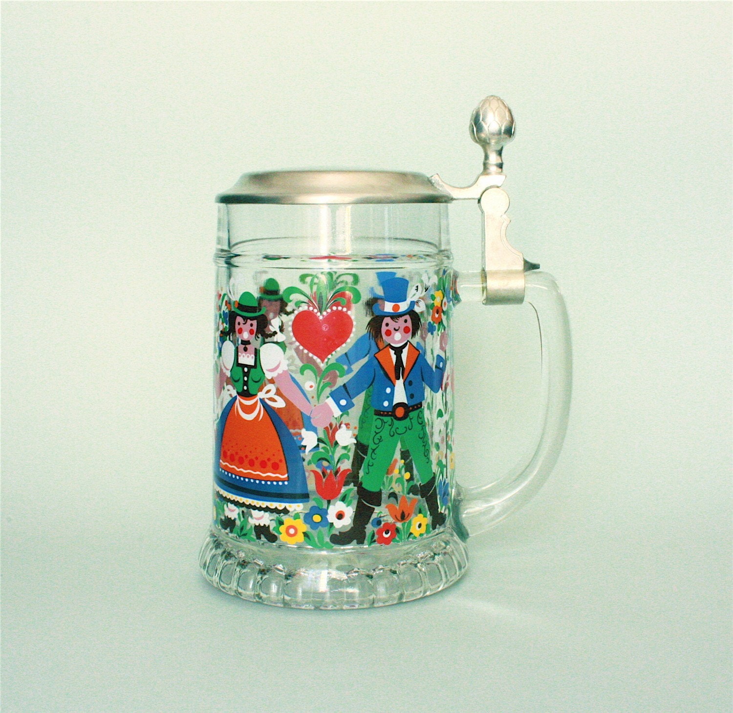 Vintage Beer Mug Oktoberfest Folk Art with Pewter Lid BMF