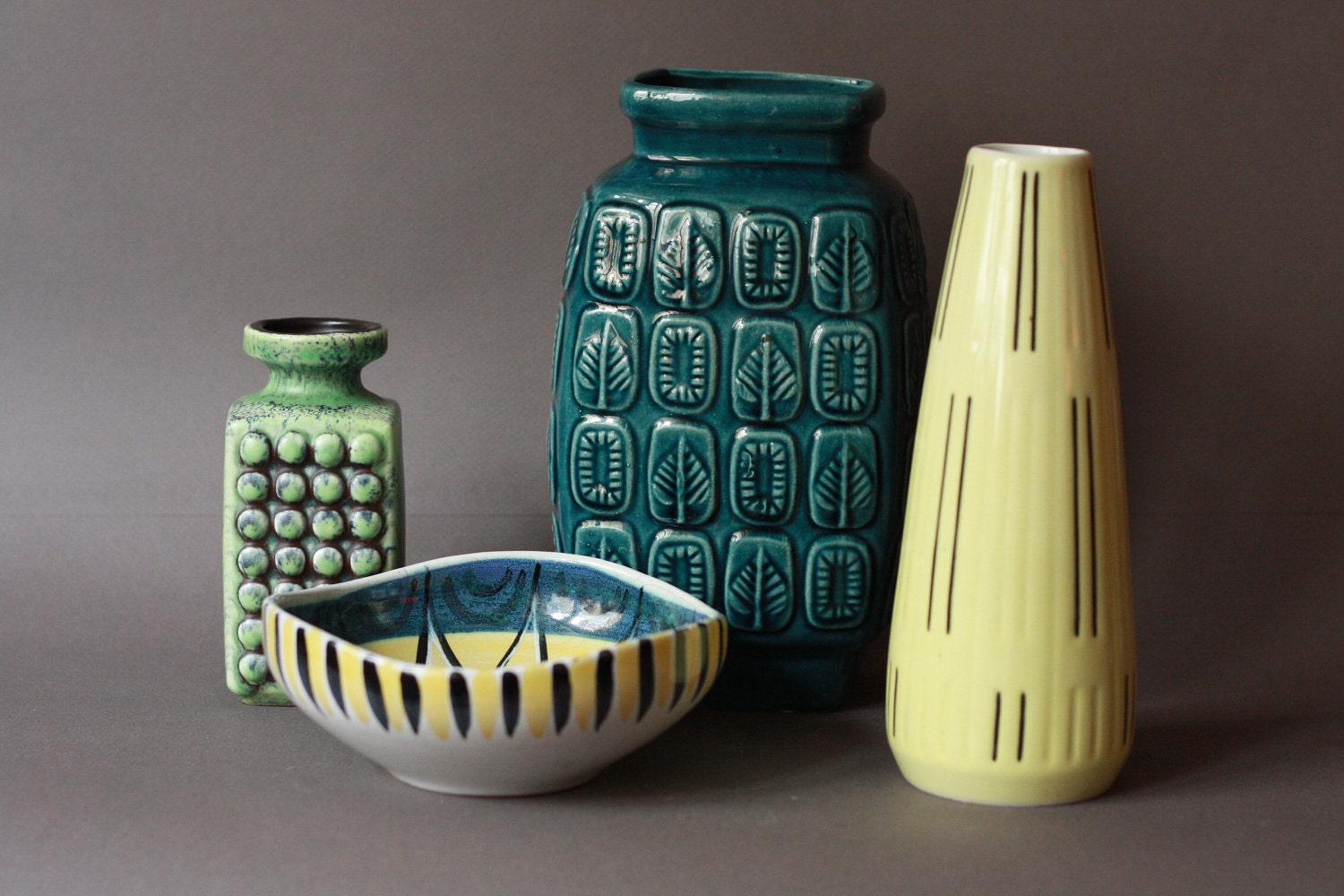 Mid Century Modern Yellow Vase with Black Stripes by Weiß, Kühnert & Co.