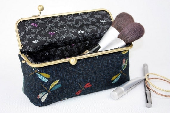 Dragonfly Cosmetic Bag (Cosmetic Case, Makeup Pouch, Travel Bag, Cotton Fabric, Metal Frame)