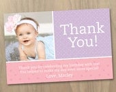 Thank You Photo Card - Baby Girl First (1st) Birthday Invitation - Pink and Purple Polka Dots and Flowers - Custom Printable Digital File