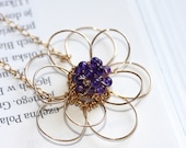 Handmade double flower necklace with amethyst beads