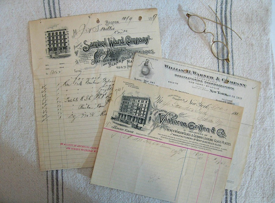 Antique Vintage Paper Letterheads 1880s 1900s with Handwritiing for Assemblage Collage