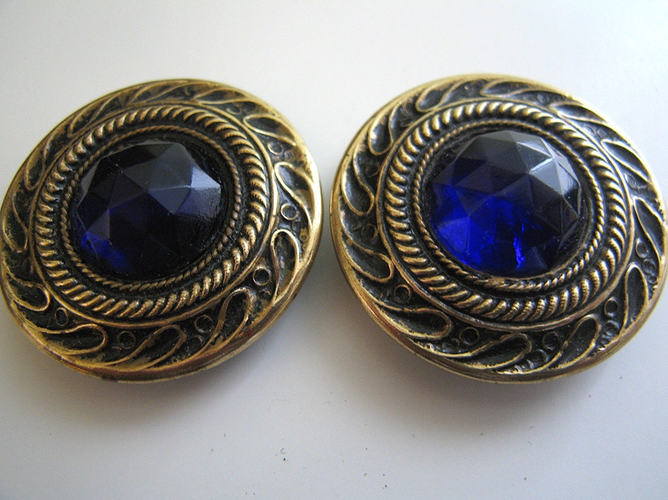 Antique Buttons Bohemian Glass Cobalt Blue Gay 90s Matching Pair