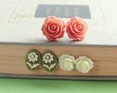 Rose Stud Earrings, Coral Rose Post Earrings, Flower Jewelry, Ivory Cream Rose, Shabby Chic Jewelry