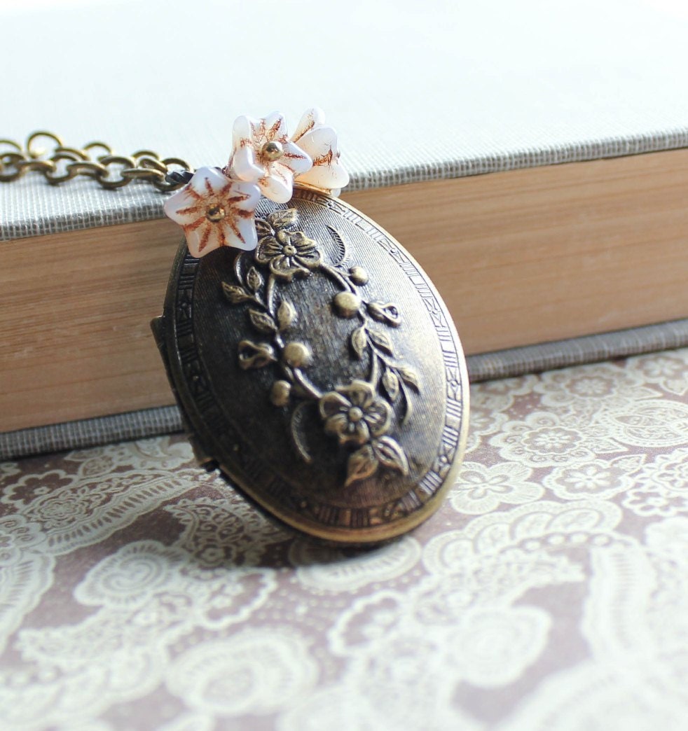 Oval Locket Necklace, Antique Brass, Fairy Flower Beads, Flower Photo Locket Pendant, Secret Hiding Place