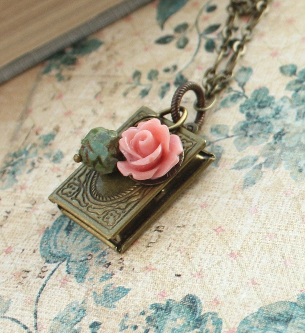 Book Locket Necklace, Coral Pink Rose Charm, Moss Green Rosebud, Glass Bead, Antique Brass, Secret Hiding Place, Picture Photo Locket
