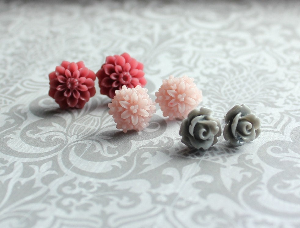 Rose Studs, Post Earrings, Rose Smoke, Rhubarb, Berry Merlot, Maroon, Pale Pink Flower, Grey Rose, Three Pairs, Resin Jewelry