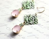 Blush Pink Earrings, Vintage Glass, Green Filigree Patina, Unique earrings, Spring Jewelry, Lace, French Romantic, Shabby Chic