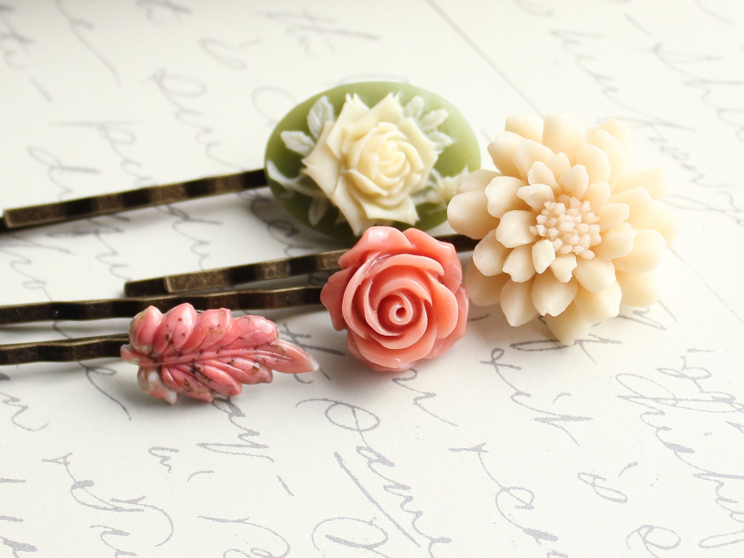 Floral Hair Accessories, Flower Bobby Pins, Ivory Chrysanthemum, Coral Pink Rose, Sage, Moss Green, Rose Cameo, Pink Leaf, Set of Four(4)