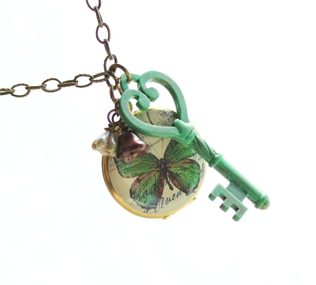 Butterfly Locket Necklace, Skeleton Key, Verdigris Patina, Woodland, Green, Spring Jewelry, Enchanted, Whimsy