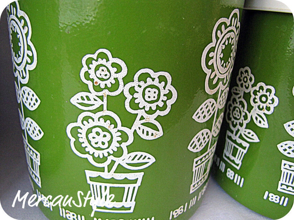 Alumninum Cainster Set of 4 Vintage Green Floral
