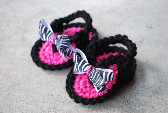 NEW-------Hot Pink and Black Zebra Crochet Baby Sandals