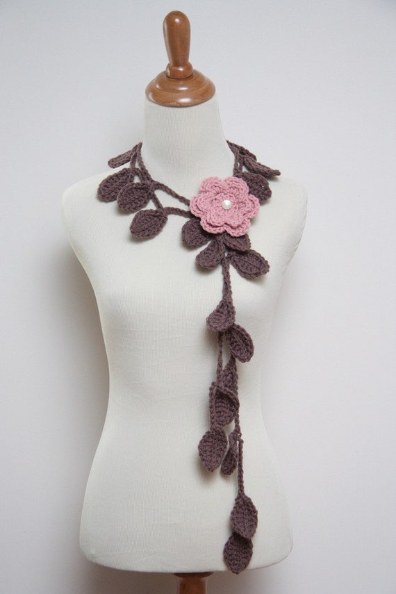 Crocheted Coffee Brown Leaf Necklace with Rose Pink Flower Brooch