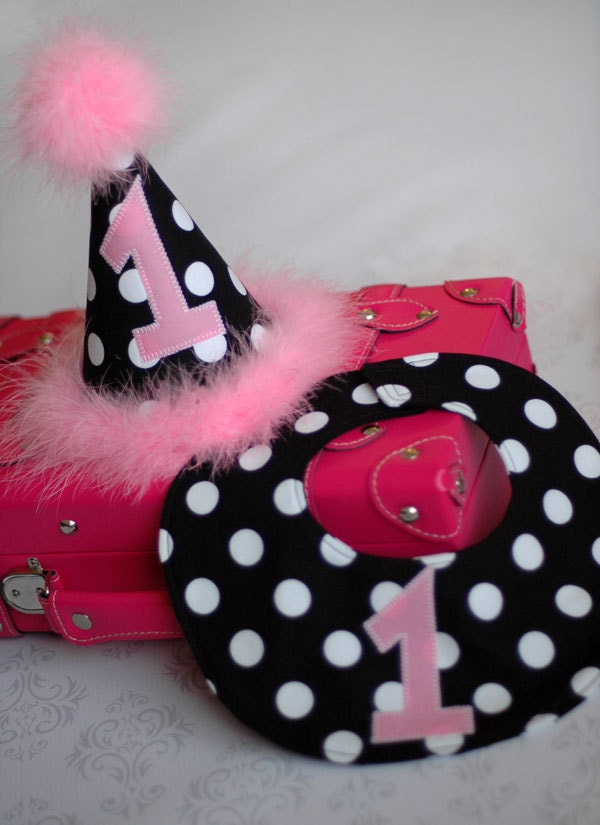 Birthday Party Hat and Bib - Perfect for First Birthday, Smash Cake Pics, Photo Prop - Black White Polka Dot with Sweet Pink