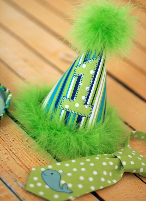 Boys Birthday Party Hat, Diaper Cover and Tie - Perfect for First Birthday, Smash Cake Pics, Photo Prop - Whale in Lime and Blues