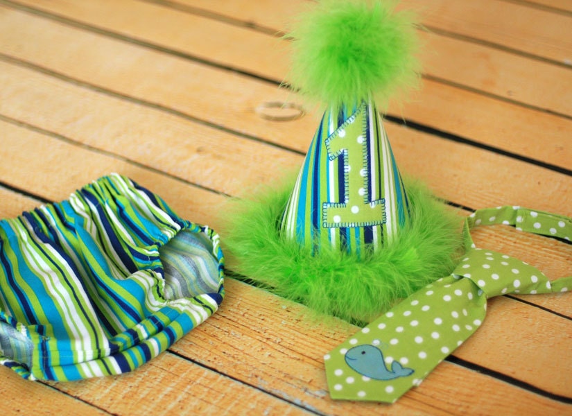 Boys Birthday Party Hat, Diaper Cover and Tie - Perfect for First Birthday, Smash Cake Pics, Photo Prop - Whale in Lime and Blues