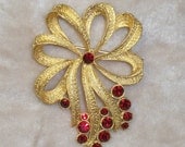 Red Rhinestone Brooch Vintage 1950s Rockabilly Bow Pin