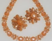 Tangerine Moonglow Necklace Earrings Set Vintage 1960s Mad Men Orange Peach Lucite Crystal Beads