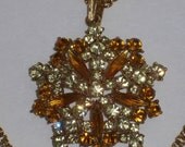 Vintage Rhinestone Necklace Multi Strand Chain Necklace 1960s 1970s Green and Topaz Snowflake Pendant
