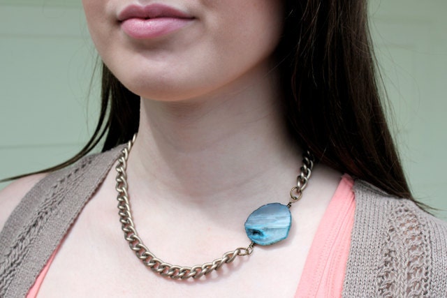 Druzy Agate Necklace : Sea Garden. Turquoise Druzy Agate Asymmetrical Natural Stone Necklace (Offset Design) - Large Antique Bronze Chain
