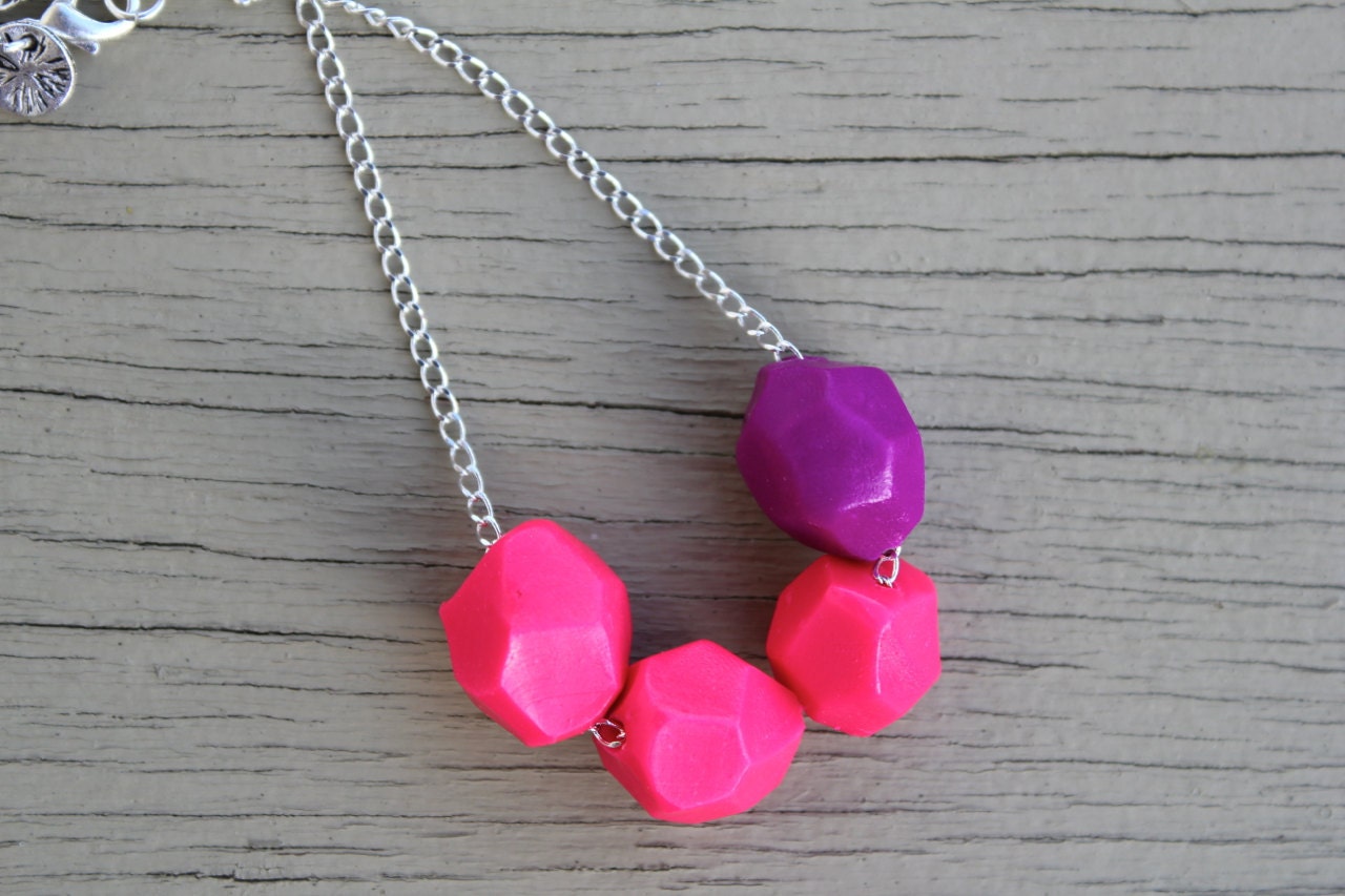 Geometric Necklace : Neon Pink and Purple Geometric Polymer Clay Bead Necklace, Color Blocking, Bohemian, Silver Chain with Floral Accent