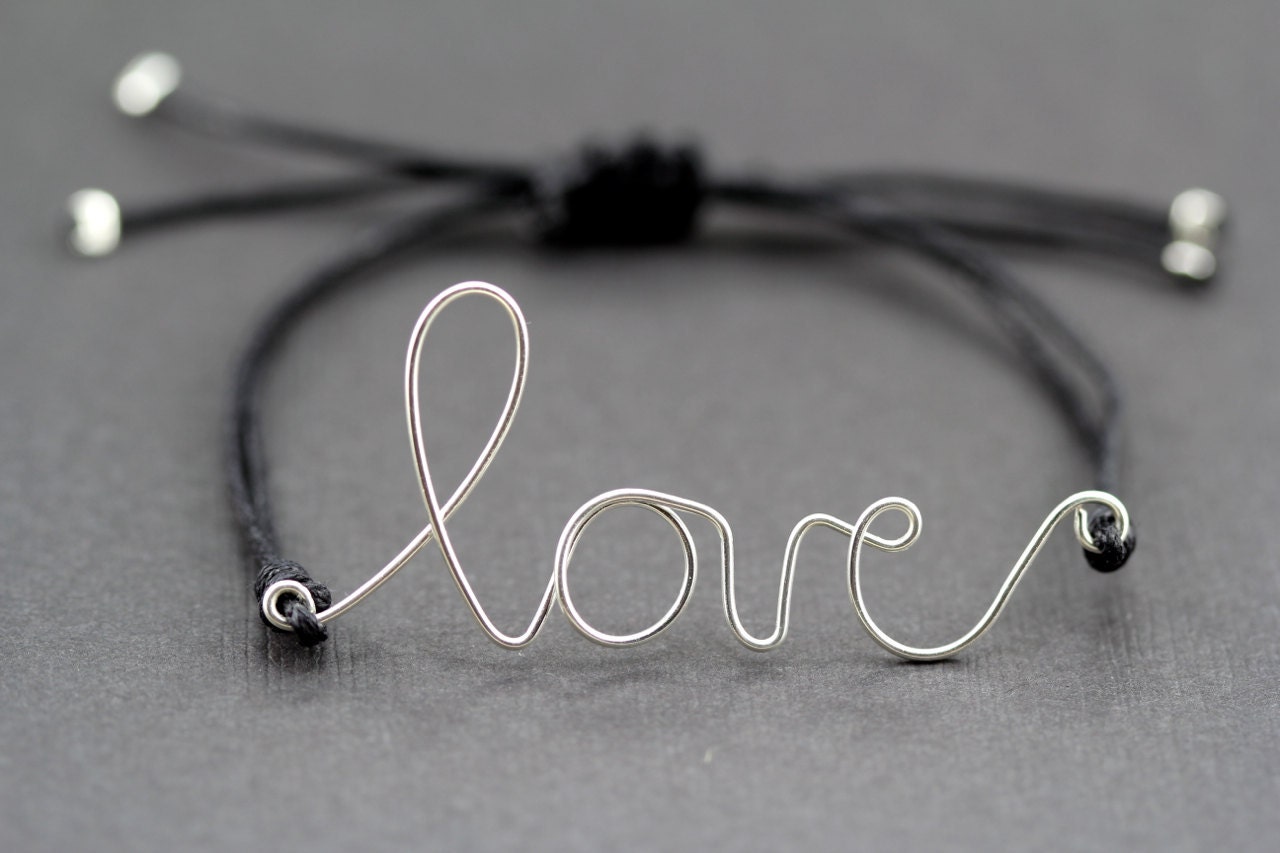Love Bracelet : Original Silver Handwritten Cursive Wire 'LOVE' Bracelet with Black Cotton Cord, Adjustable Closure, Crimp Beads