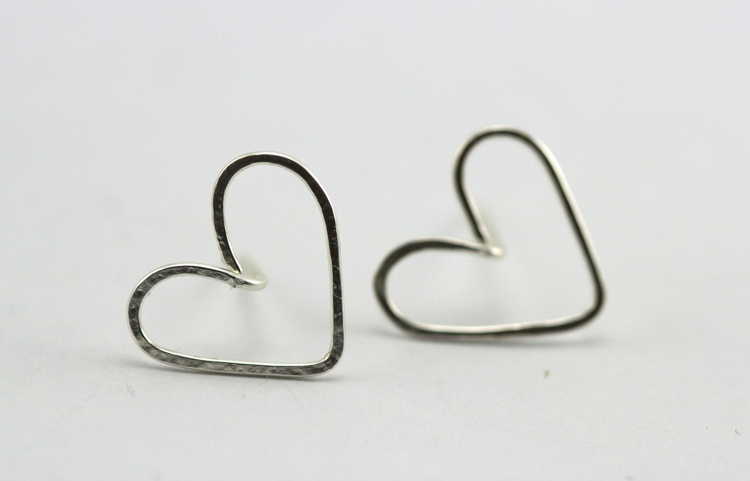 Heart Earrings : Silver Plated Wire Bent, Hammered Heart Stud Earrings, Hand Bent, Artisan Tree, Love Earrings