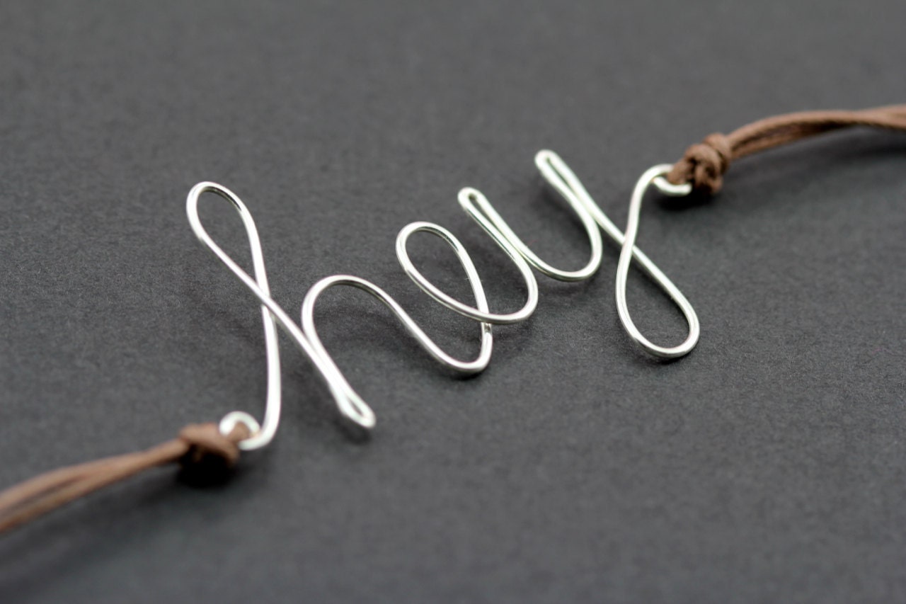 Hey Bracelet : Silver Handwritten Cursive Wire 'HEY' Bracelet with Chocolate Brown Cotton Cord, Adjustable, Crimp Beads, Greeting