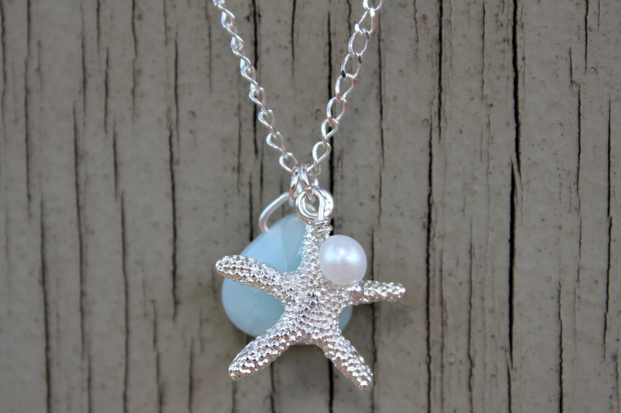 Starfish Necklace : Silver Plated Starfish Charm Necklace with Accenting White Freshwater Pearl and Pale Teal Blue Amazonite Briolette Bead