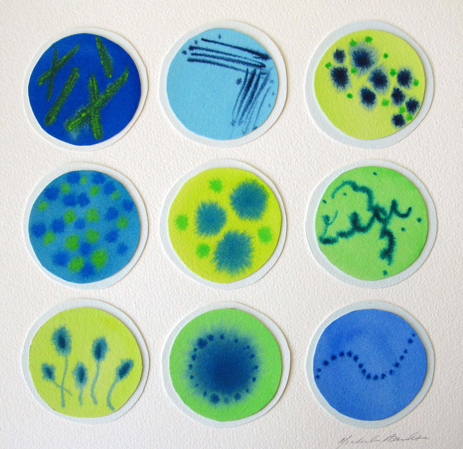 Blue Green Petri Dishes 2  - original watercolor collage - artologica