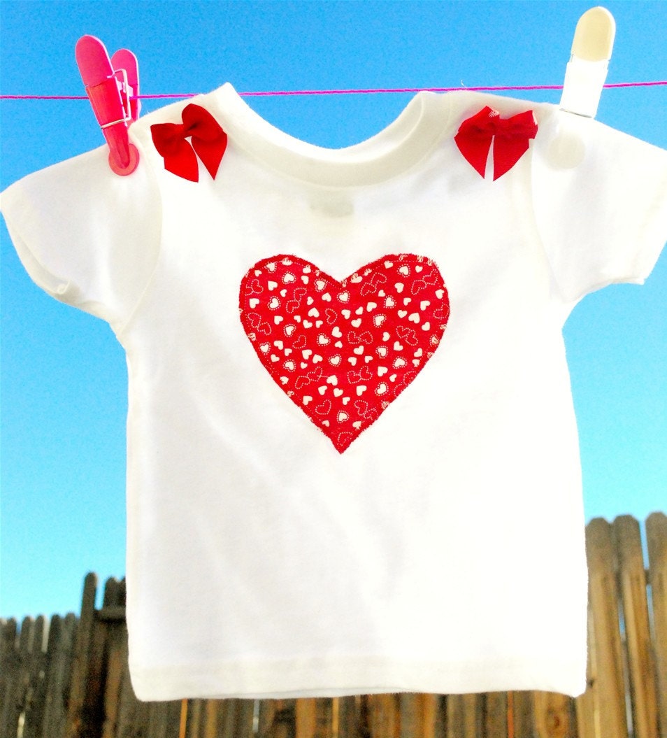 Valentines Heart Shirt with Red Heart or Initial Applique and Shoulder Bow Accents
