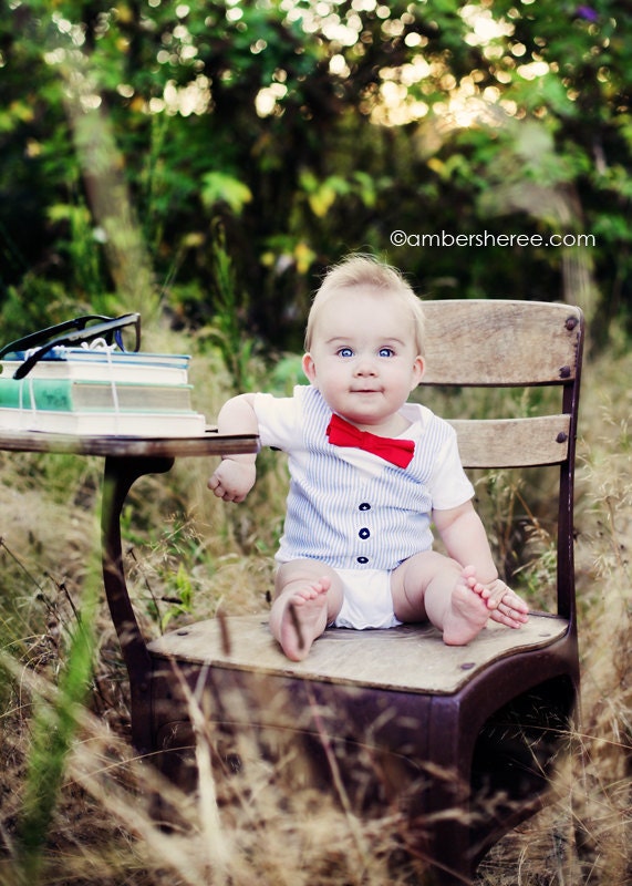 Bow Tie and Vest Onesie - Southern Gentleman - Boutique Baby Boy Clothes - Seersucker and Red Bowtie