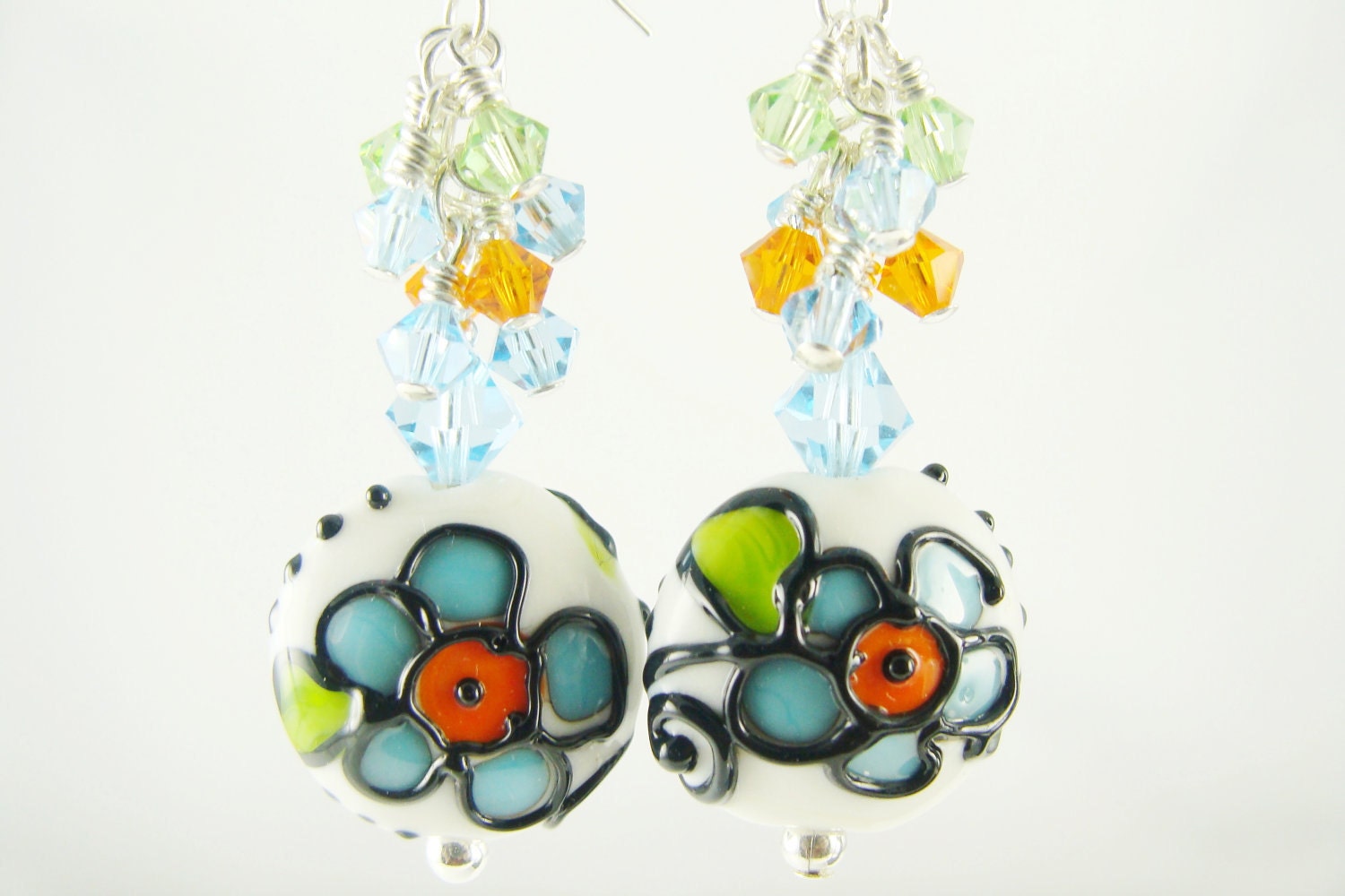 Turquoise Dangle Earrings, Orange Glass Bead Earrings, Green White Lampwork Earrings, Lampwork Jewelry, Beadwork Earrings, Flower Earrings