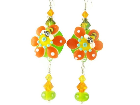 Dangle Earrings, Bumble Bee Earrings, Glass Bead Earrings, Flower Lampwork Earrings, Beadwork Earrings, Lampwork Jewelry, Orange Earrings