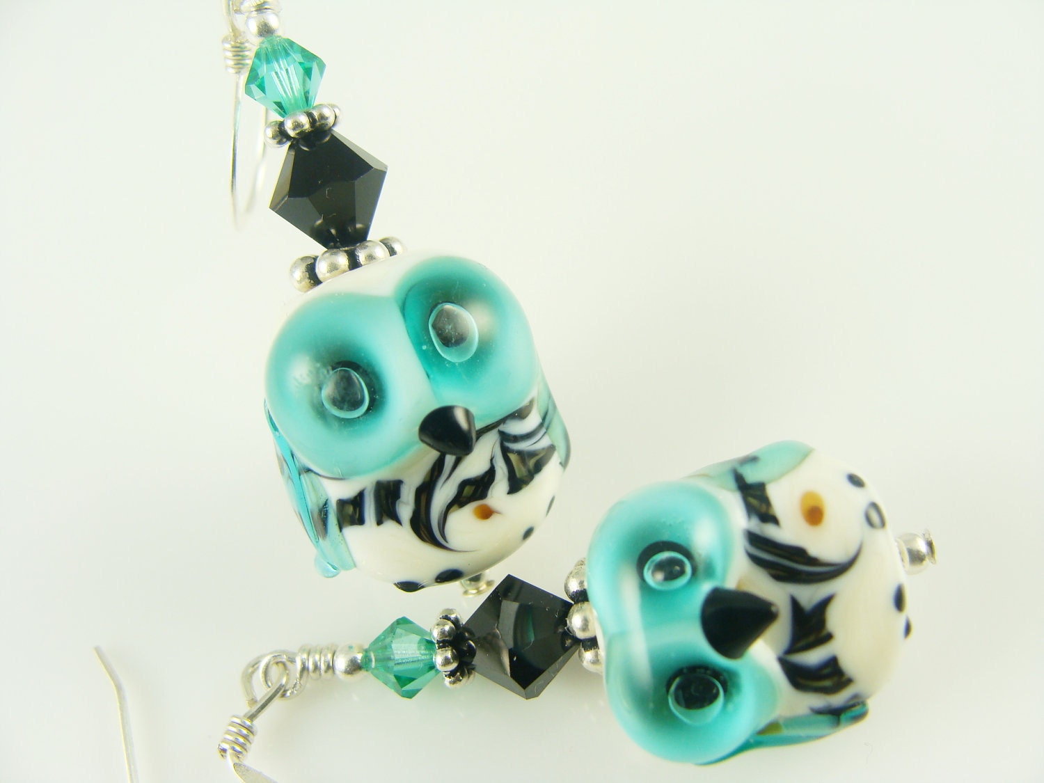 Owl Earrings, Glass Bead Earrings, Teal Dangle Earrings, Ivory Lampwork Earrings, Beaded Drop Earrings, Lampwork Jewelry