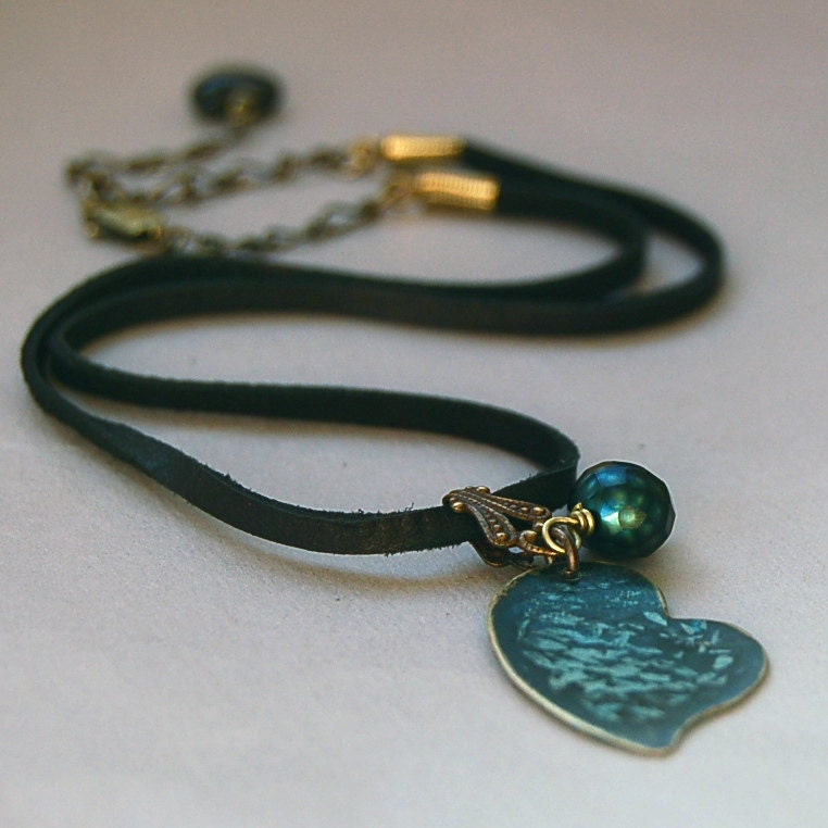 Patina Heart and Leather Necklace