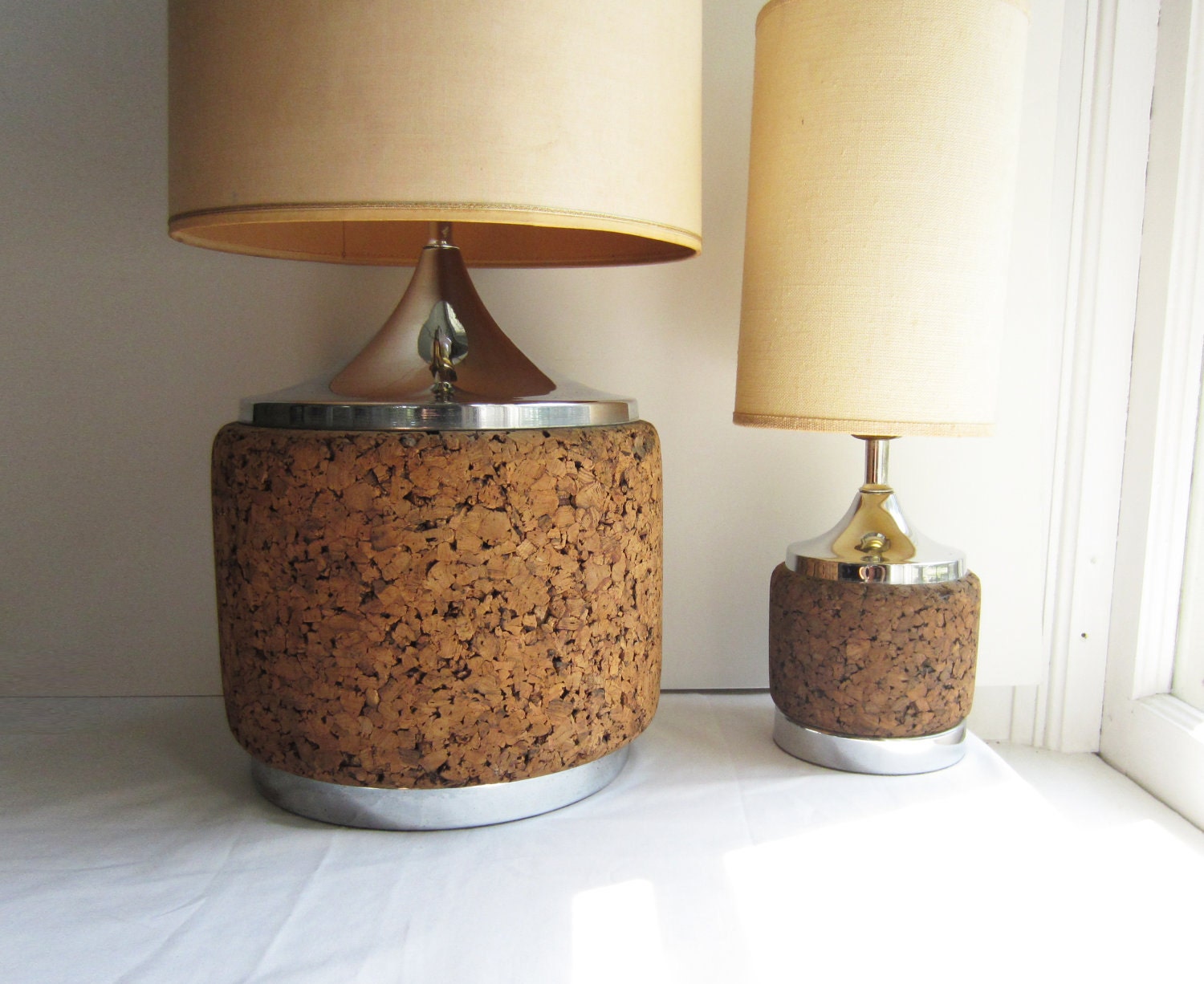 Vintage Cork & Chrome Lamps - Pair of Large and Small - Mod / Mid Century Modern / Natural Cork